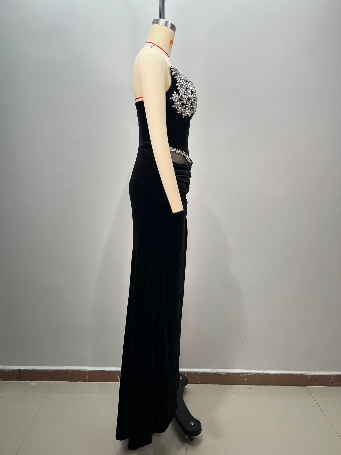 Women's Black Bandeau Slim-fit Hot Drilling Long Dress - kinko