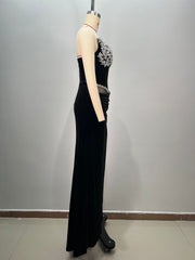 Women's Black Bandeau Slim-fit Hot Drilling Long Dress - kinko