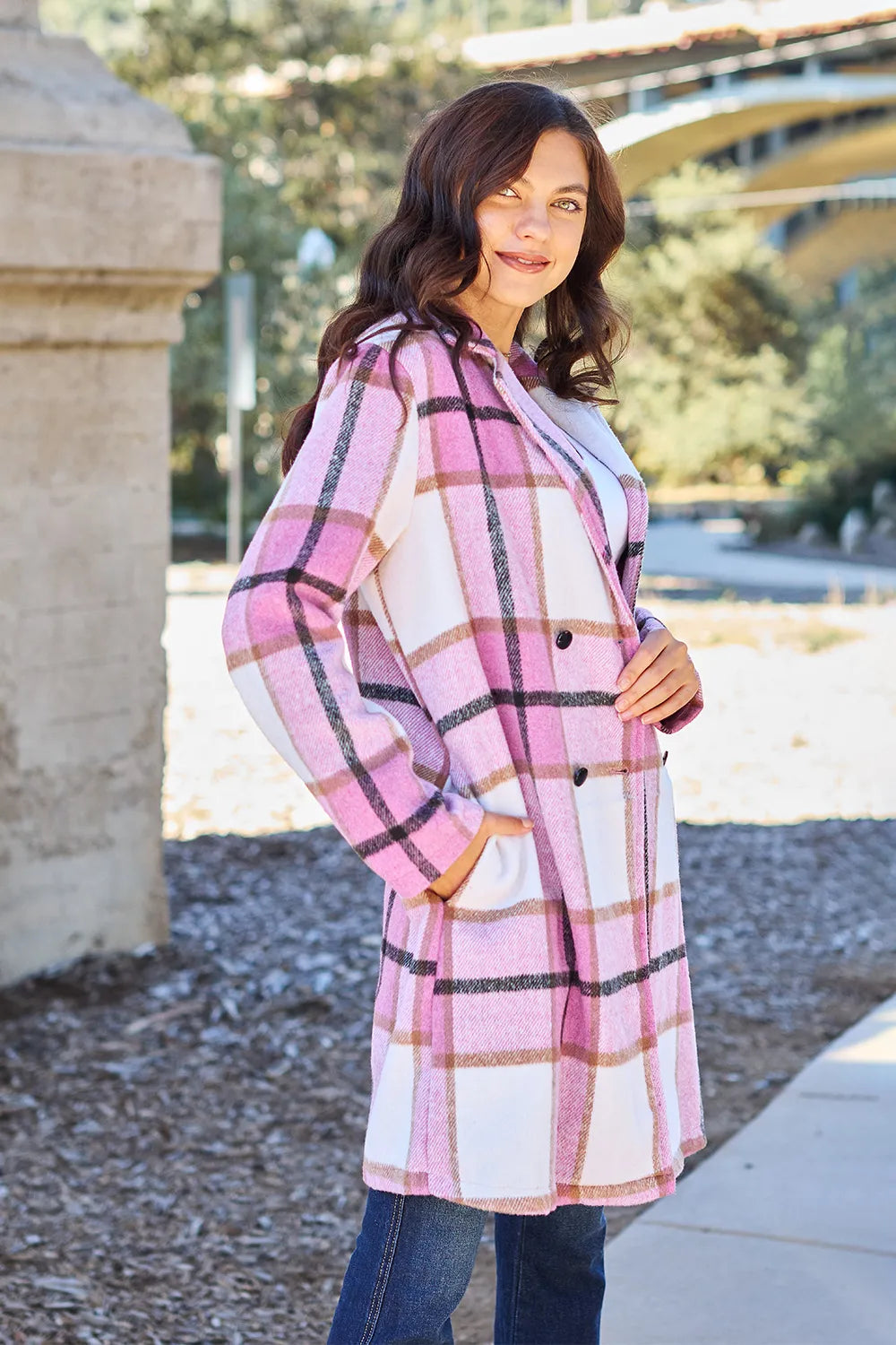Double Take Full Size Plaid Button Up Lapel Collar Coat - kinko