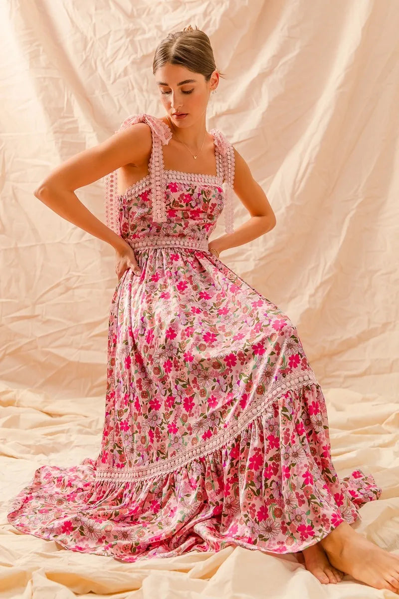 SO ME Floral Maxi Dress With Ribbon Tie Lace Strap - kinko