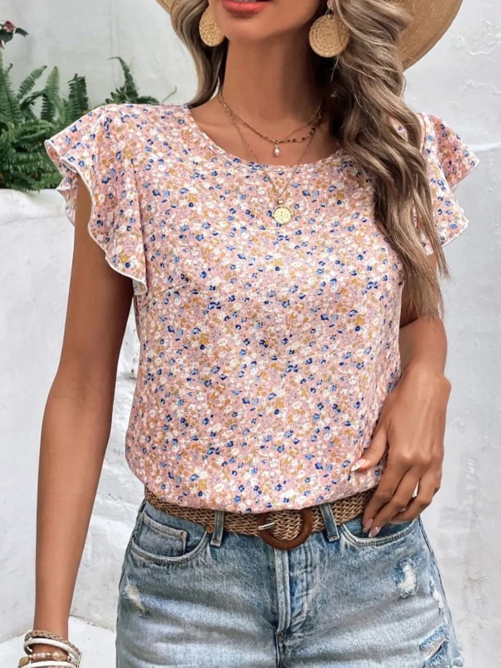 Ditsy Floral Round Neck Cap Sleeve Top - kinko