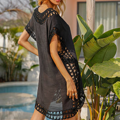 Bestickte Strandkleider für Damen, Tunika, Strandkleid, einfarbige Bluse, Strandbekleidung, Bikini mit Spitze, Netzmuster, Wickelkleid, schwarzes Strandkleid