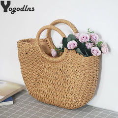 Summer Handmade Bags for Women Beach Weaving Ladies Straw Bag Wrapped Beach Bag Moon shaped Top Handle Handbags Totes