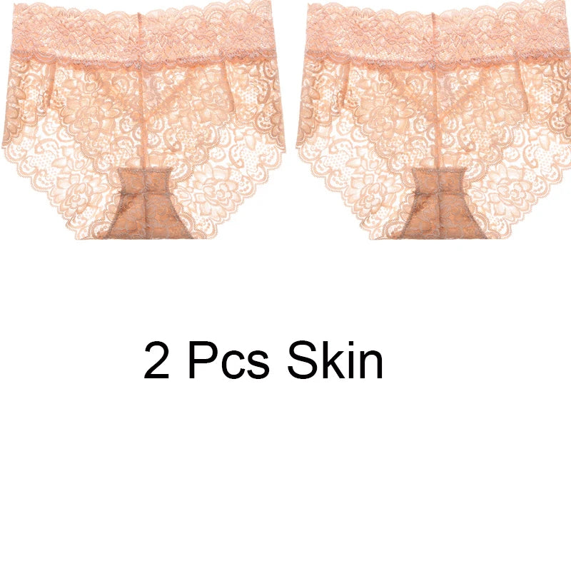 2pcs/Pack Women Lingerie Sexy Lace Panties Mid Waist Soft Underpants Transparent Ultra Thin Underwear Briefs