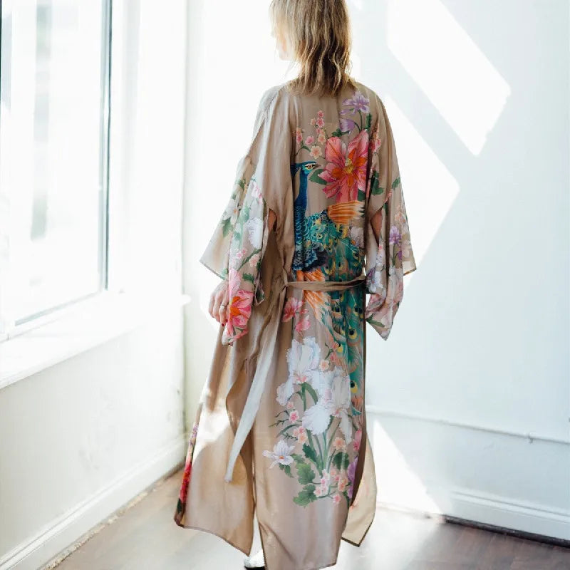 Bohemian Printed Bikini Cover-ups Green Tunic Long Kimono Cardigan Plus Size 2023 Women Beach Wear Swim Suit Cover Up A155