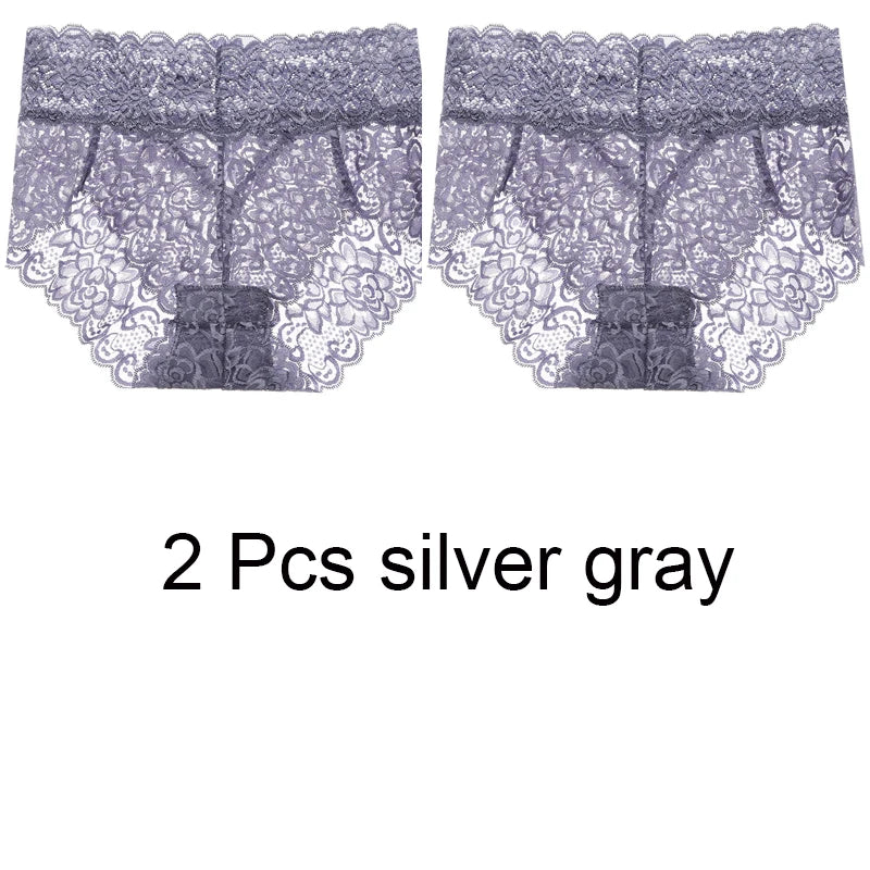 2pcs/Pack Women Lingerie Sexy Lace Panties Mid Waist Soft Underpants Transparent Ultra Thin Underwear Briefs