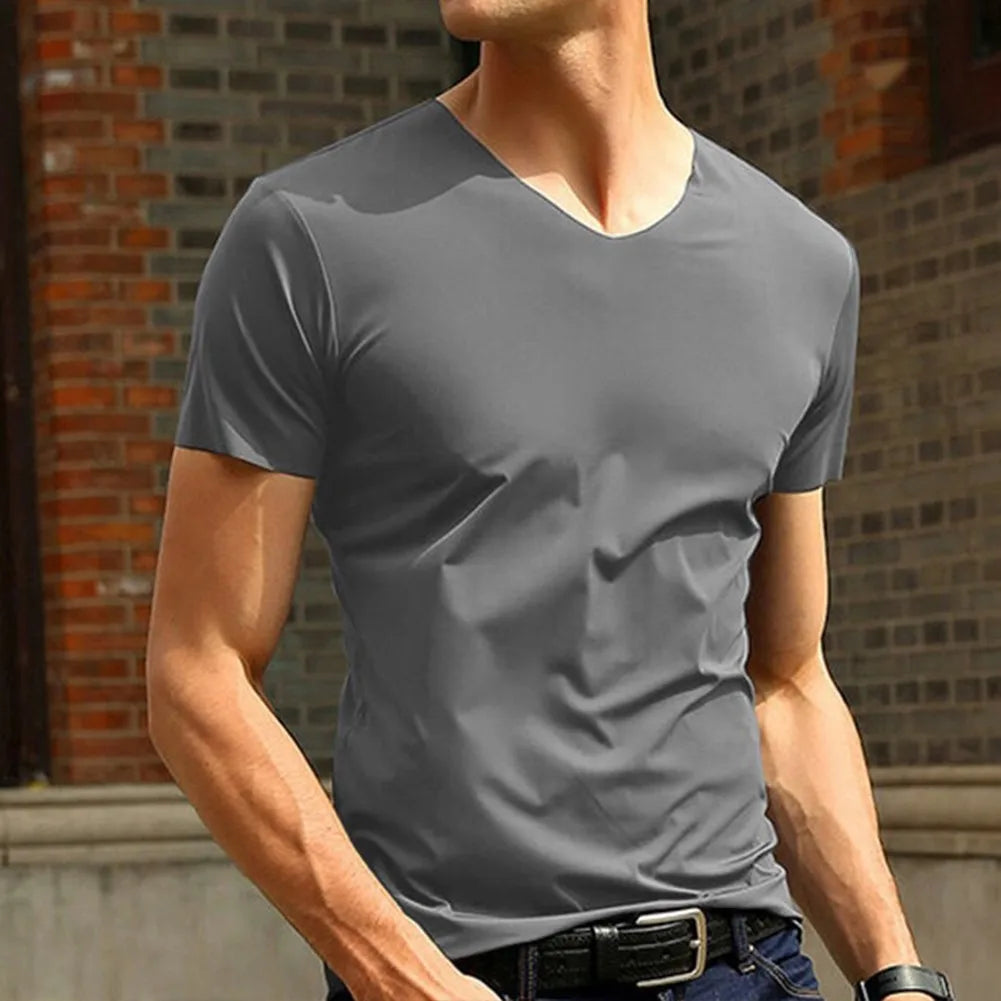 2023 Men's T-shirt Japan Short Sleeve Male Ice Silk Trackless T-shirt V-neck Slim Summer Pure Colors Clothing T Shirts Tops Tee