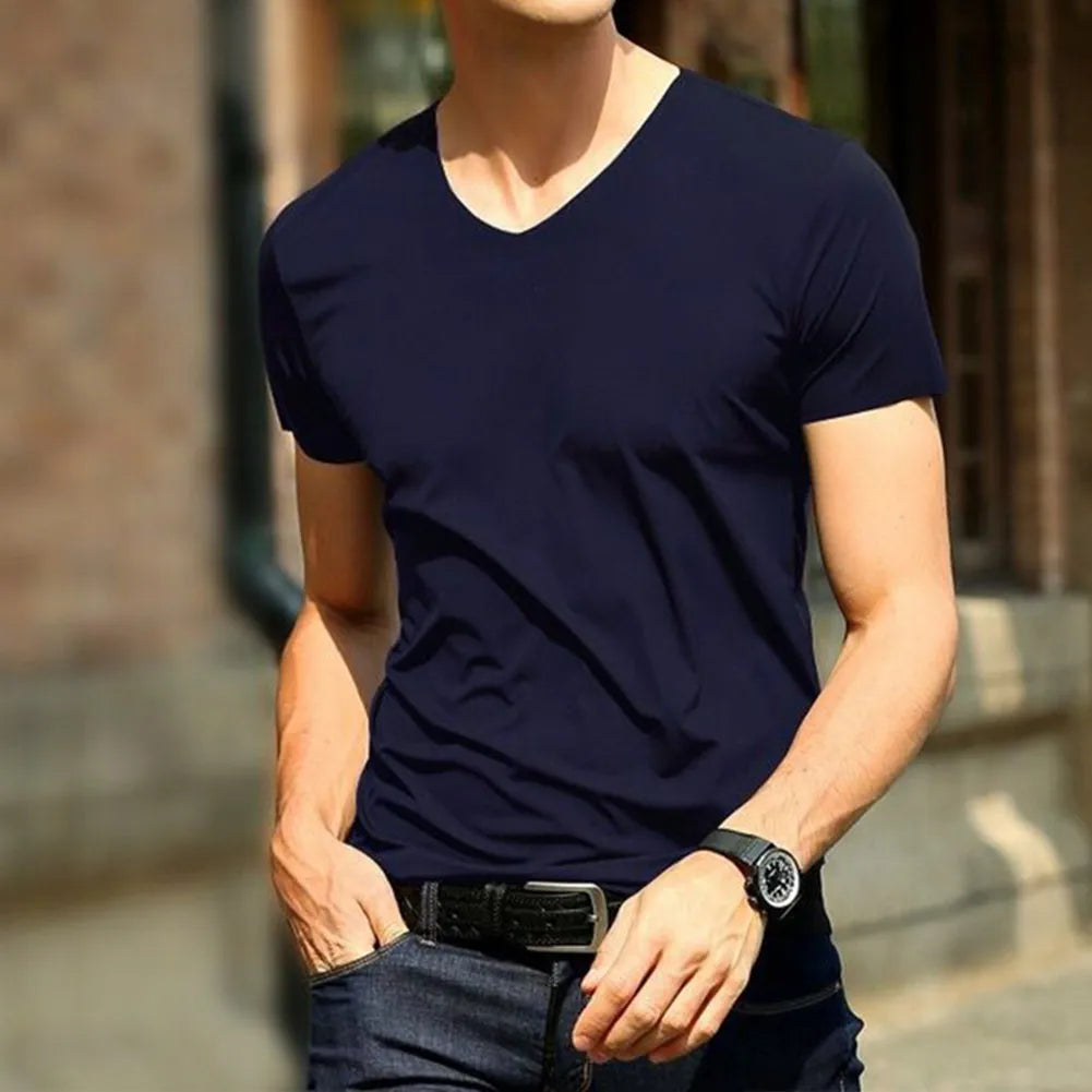 2023 Men's T-shirt Japan Short Sleeve Male Ice Silk Trackless T-shirt V-neck Slim Summer Pure Colors Clothing T Shirts Tops Tee
