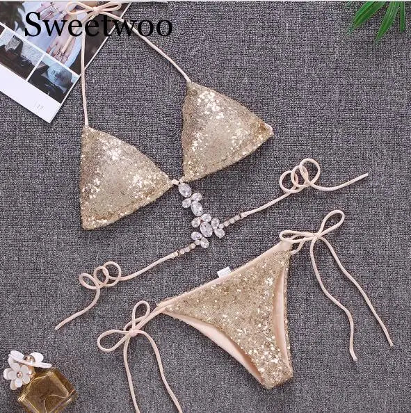 2019 New Ornaments Swimwear Women Sequins Diamond Bikini set Bathing Suit Sexy Push up Stones Straps Swimsuit Monokini
