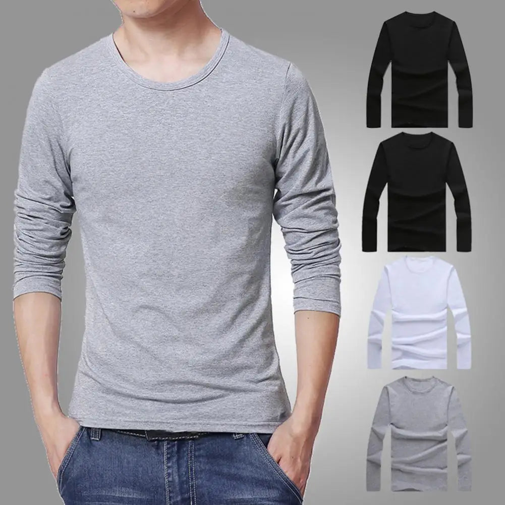 2021 Men's T shirt Top Solid Color Round Neck Casual Long Sleeve Slim All Match Base Shirt for Work
