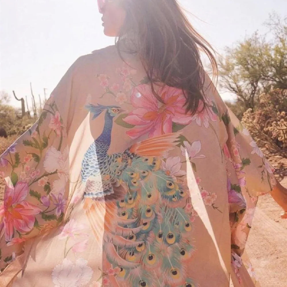 Bohemian Printed Bikini Cover-ups Green Tunic Long Kimono Cardigan Plus Size 2023 Women Beach Wear Swim Suit Cover Up A155
