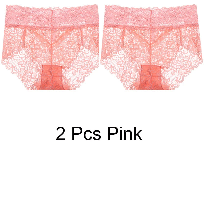 2pcs/Pack Women Lingerie Sexy Lace Panties Mid Waist Soft Underpants Transparent Ultra Thin Underwear Briefs