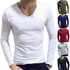 Men Shirt Long Sleeve Men's Clothing Solid Color Pullover Sweatshirt V Neck Slim Male Casual Base Shirt Autumn 2021