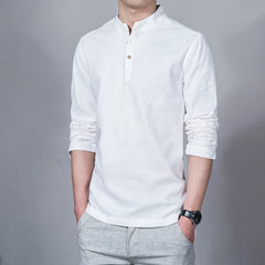 Men's Clothing  Men Spring Tops & Tees Male Fashion T-Shirts Stand Collar Long-sleeved Slim Base Shirt Homme Linen t-shirt