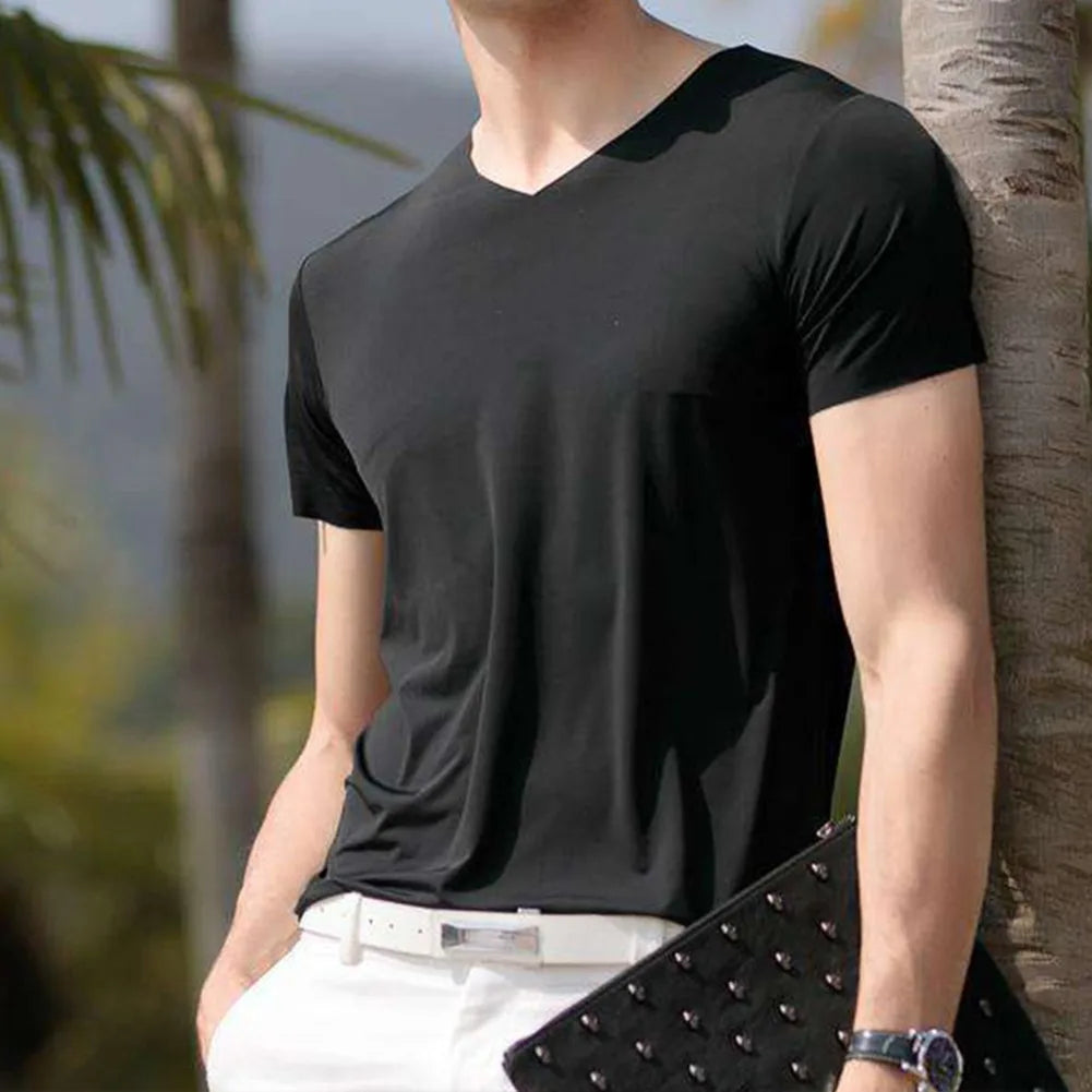 2023 Men's T-shirt Japan Short Sleeve Male Ice Silk Trackless T-shirt V-neck Slim Summer Pure Colors Clothing T Shirts Tops Tee