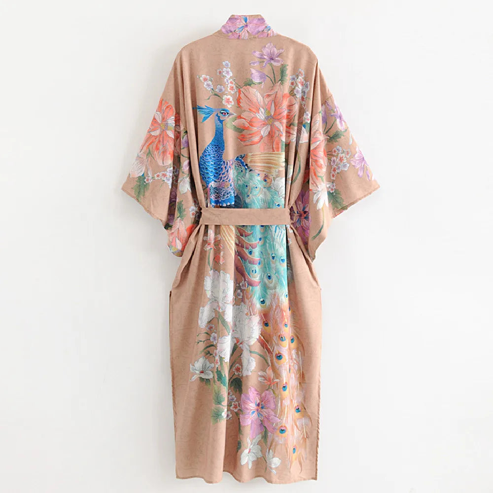 Bohemian Printed Bikini Cover-ups Green Tunic Long Kimono Cardigan Plus Size 2023 Women Beach Wear Swim Suit Cover Up A155