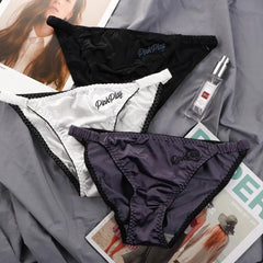 Sexy Girl Thongs Women Glossy Underwear Panty Low Waist Solid Color Satin Fabric Briefs Embroidery Fitness Sports Underpants