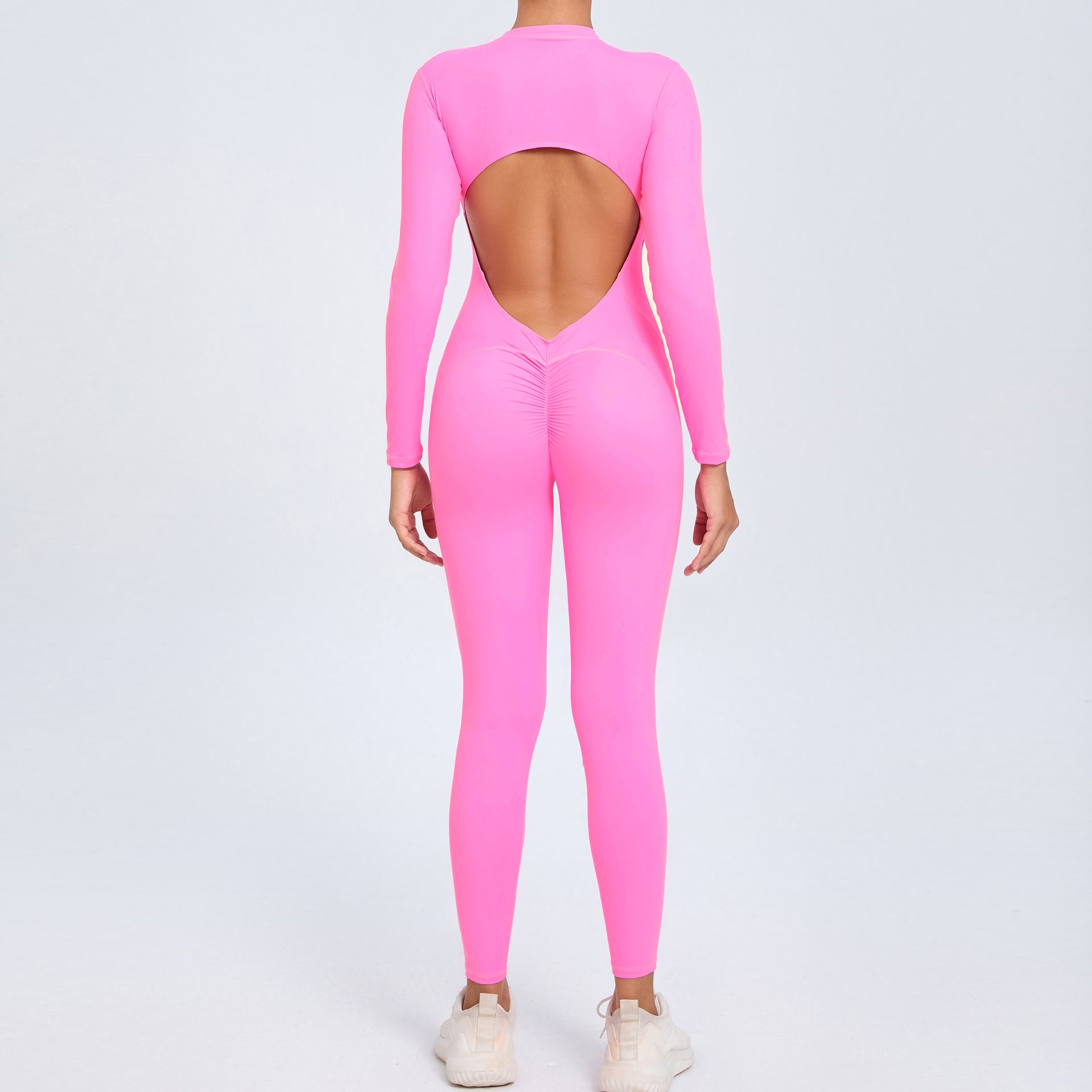 Women's Solid Color Backless Long-sleeve Zipper One-piece - kinko