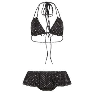 Women Clothing Vacation Swimsuit Sexy Sexy Polka Dot Print Tied Lotus Leaf Split Bikini Two Piece Sets