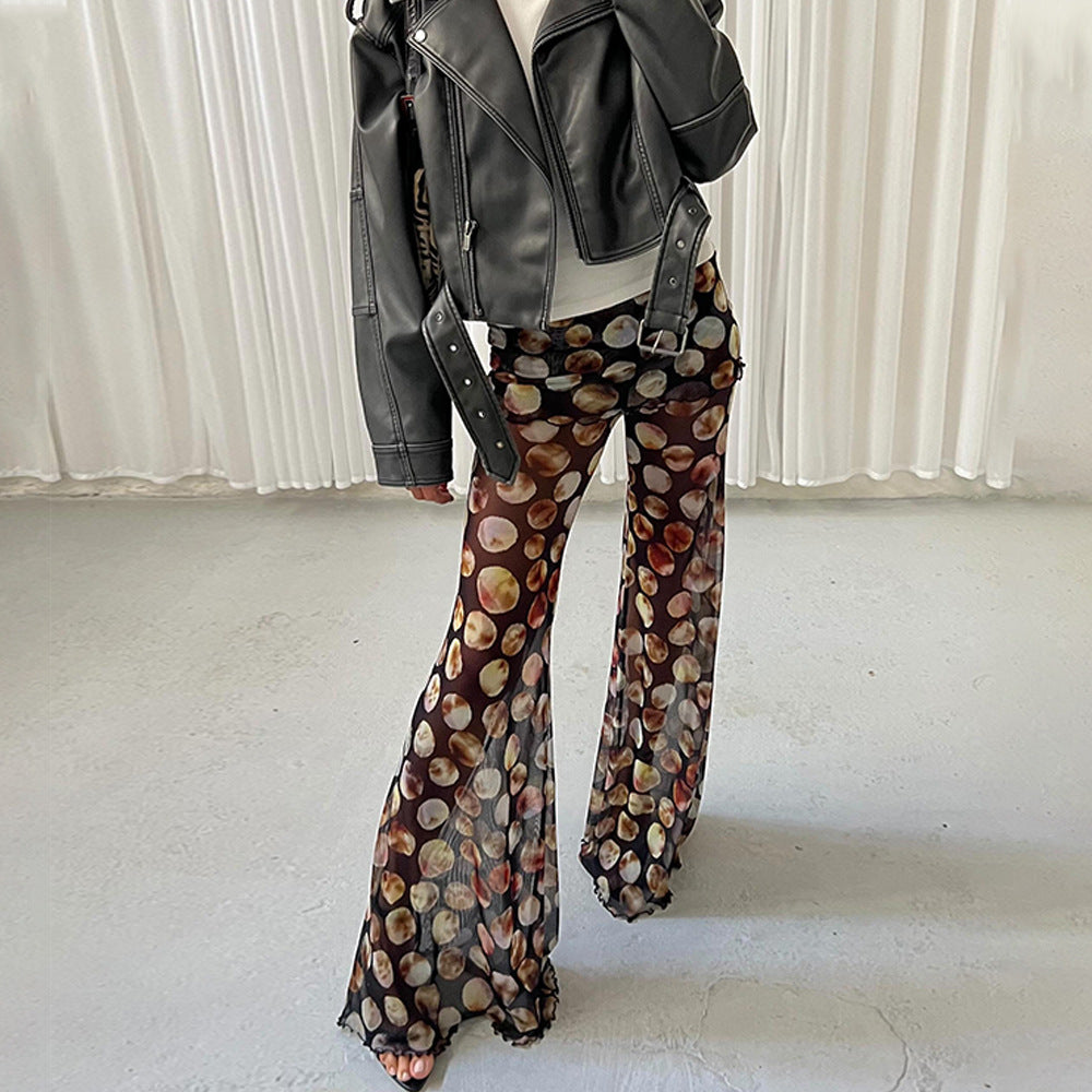 Leopard Print Mesh Floral Print Trousers - kinko