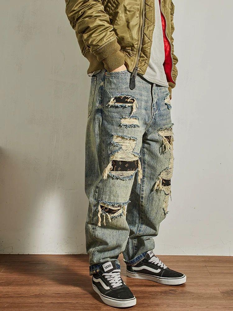Jeans Men's Loose Straight Tapered Distressed Broken Holes Pants - kinko