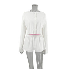 Summer White Short Loose Home Wear Women Casual Cardigan Long Sleeve Stitching Shorts Pajamas