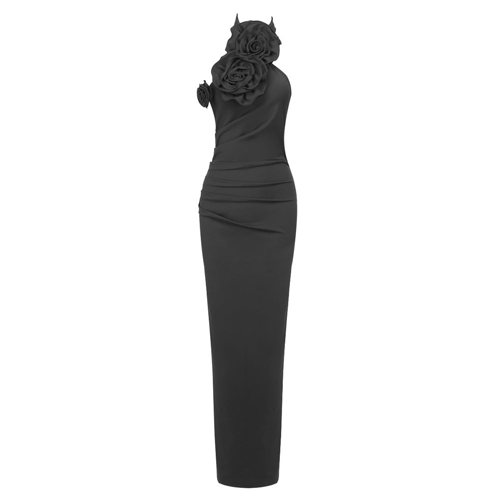 New Style White Ribbon Flower Halter Long High Sense Dress - kinko