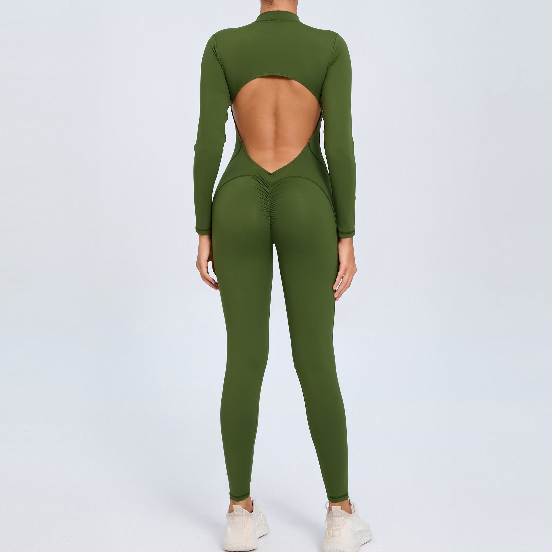 Women's Solid Color Backless Long-sleeve Zipper One-piece - kinko