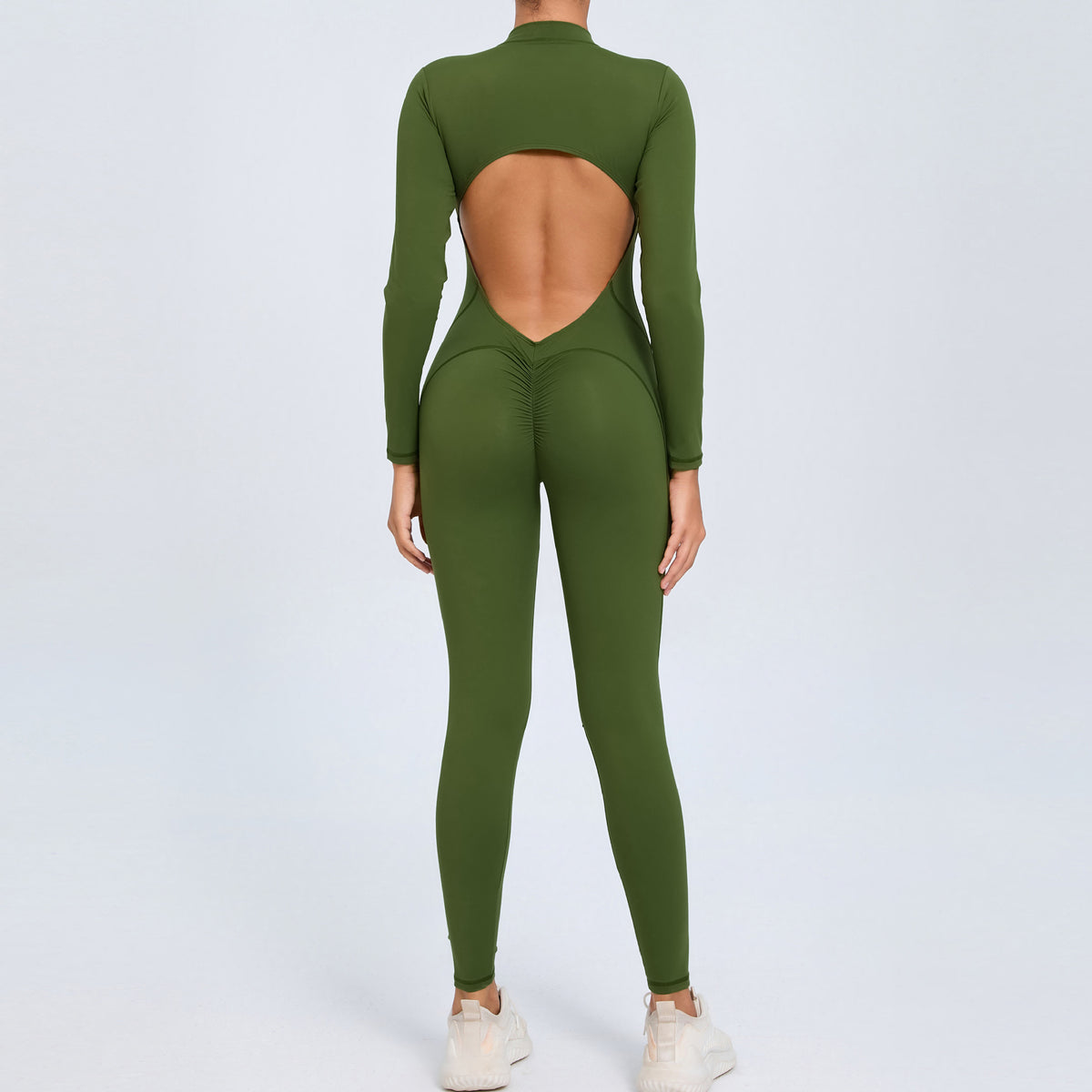 Women's Solid Color Backless Long-sleeve Zipper One-piece - kinko