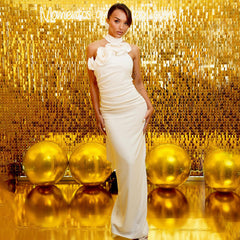 New Style White Ribbon Flower Halter Long High Sense Dress - kinko