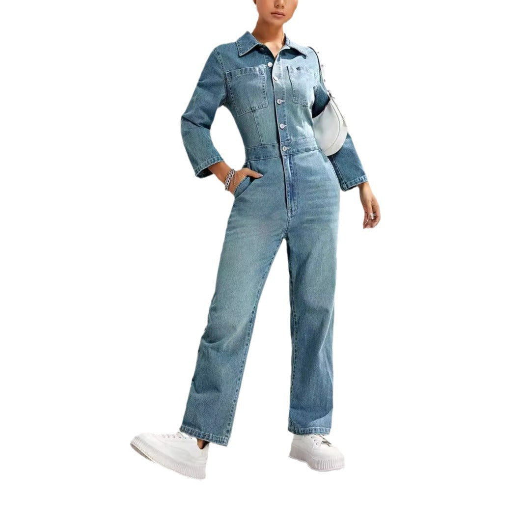 Women's Slim-fit Long-sleeved Denim Jumpsuit - kinko