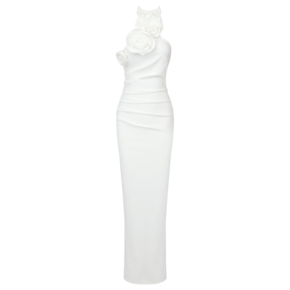 New Style White Ribbon Flower Halter Long High Sense Dress - kinko
