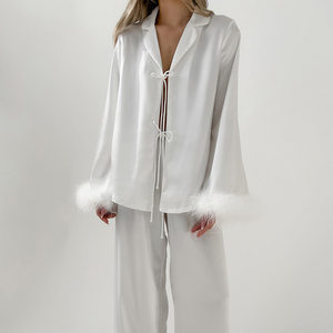 Spring Summer White Cardigan Lace up Feather Long Sleeved Trousers Pajamas Women Can Be Outerwear Homewear