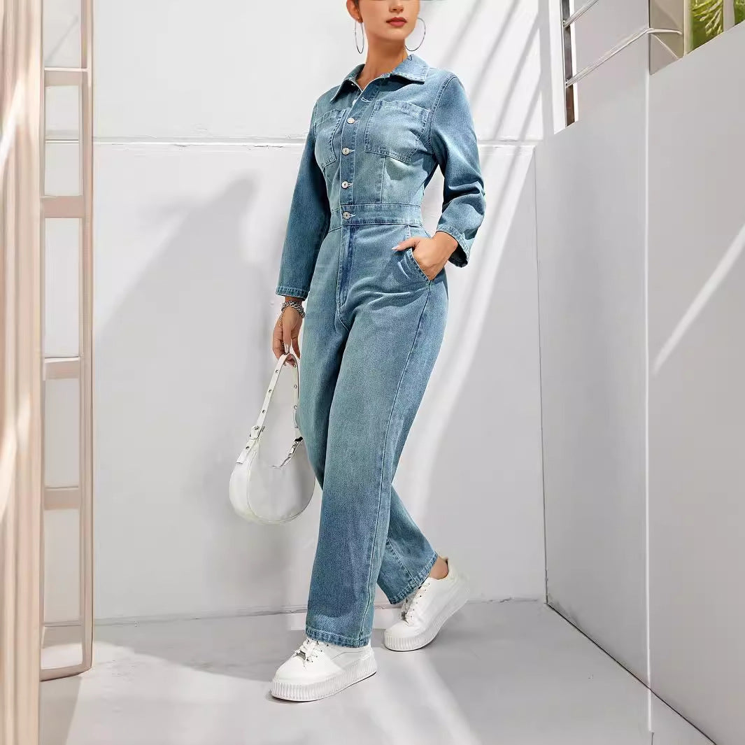 Women's Slim-fit Long-sleeved Denim Jumpsuit - kinko