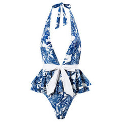 One Piece Swimsuit Women Skinny Slimming Vintage Printed Chiffon Dress With Steel Bracket Hard Bag