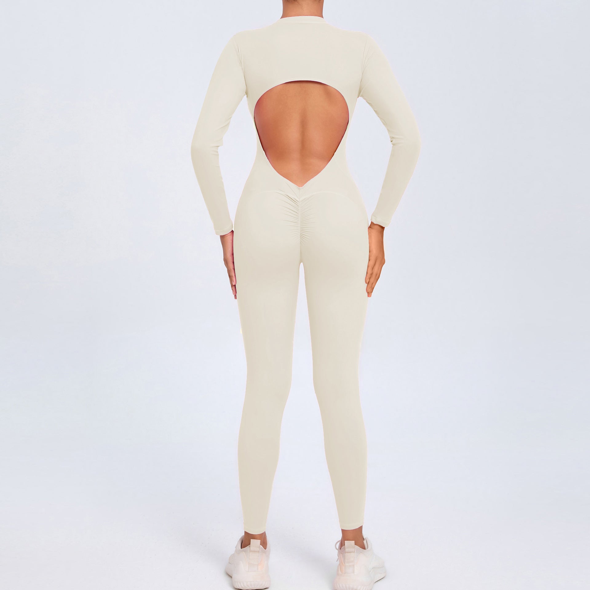 Women's Solid Color Backless Long-sleeve Zipper One-piece - kinko