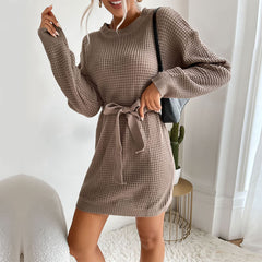 Autumn Winter Sweater Women Lace up Solid Color Long Sleeve Sweater Dress