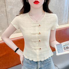 Hollow Out Short Sleeved Chinese Style New Chinese Style Top - kinko