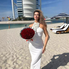 New Style White Ribbon Flower Halter Long High Sense Dress - kinko