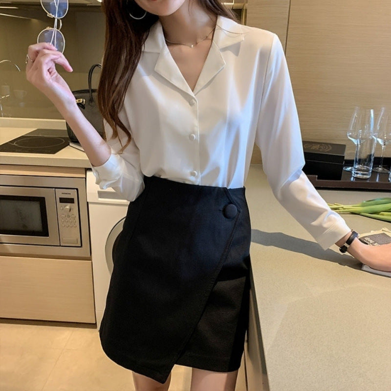 Women's Solid Color Buttons Loose Chiffon Shirt - kinko