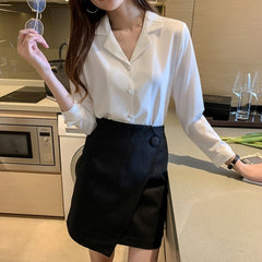 Women's Solid Color Buttons Loose Chiffon Shirt - kinko
