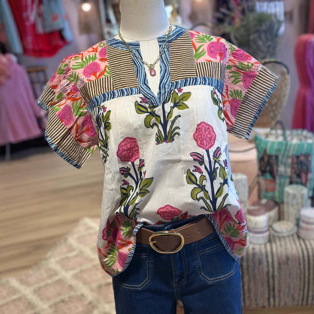 Summer New Women's Loose Casual Print Round Neck Shirt - kinko
