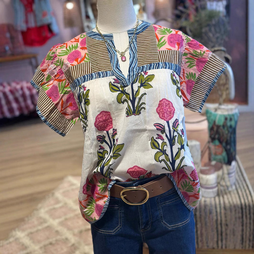 Summer New Women's Loose Casual Print Round Neck Shirt - kinko