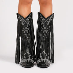 Women’s Denim Western Ankle Boots – V-Cut Chunky Heel with Tassel & Rivet Detail