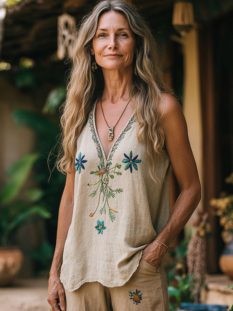 Women's Floral Printed V-neck Vest Top - kinko