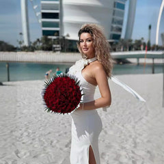 New Style White Ribbon Flower Halter Long High Sense Dress - kinko