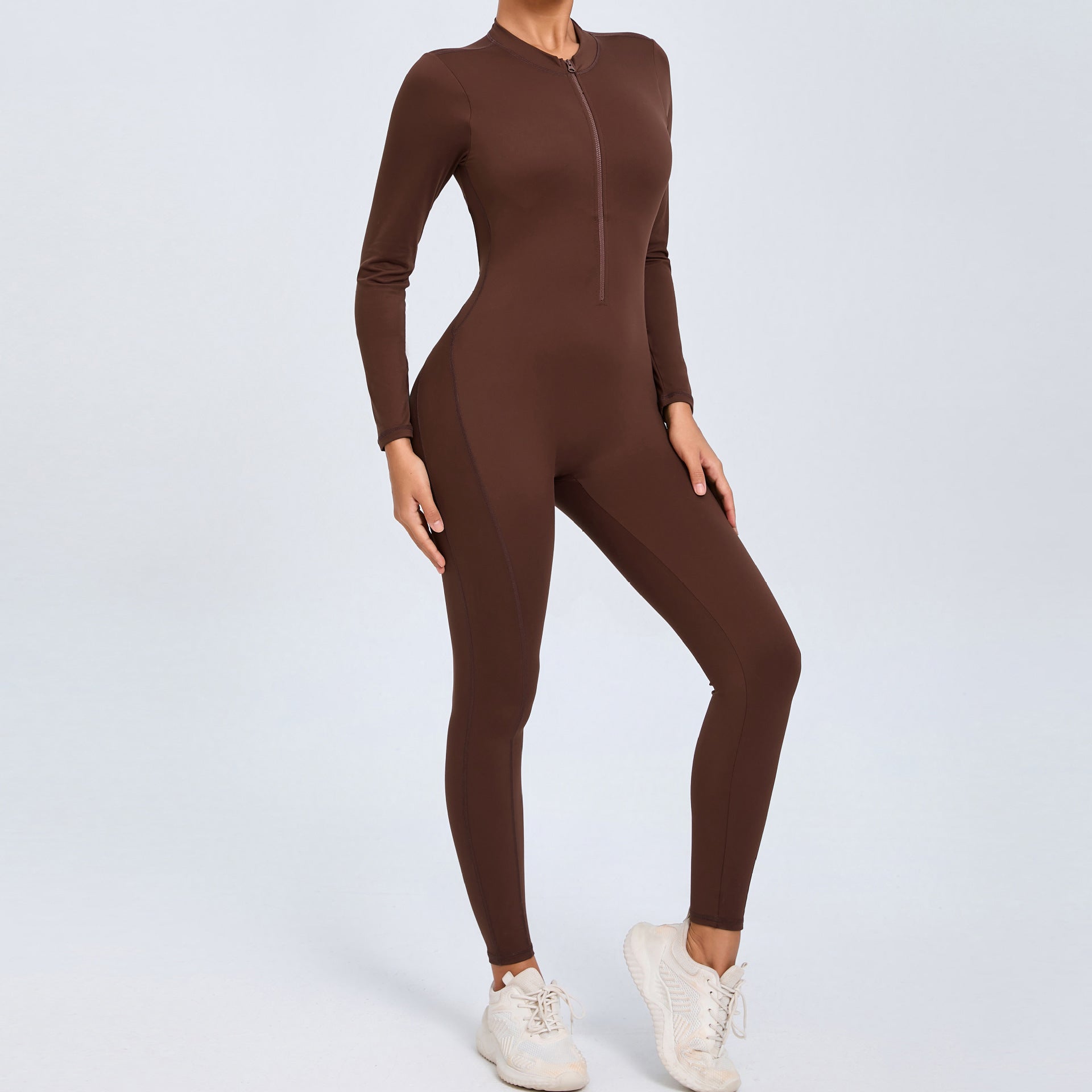 Women's Solid Color Backless Long-sleeve Zipper One-piece - kinko