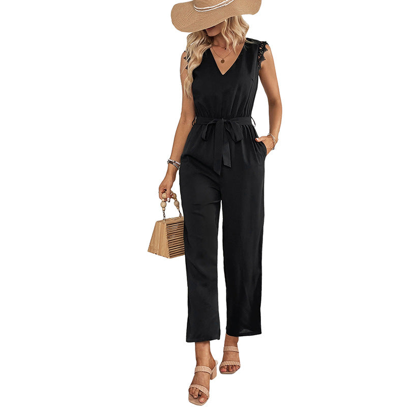 Stitching Lace V-neck Sleeveless Backless Jumpsuit - kinko