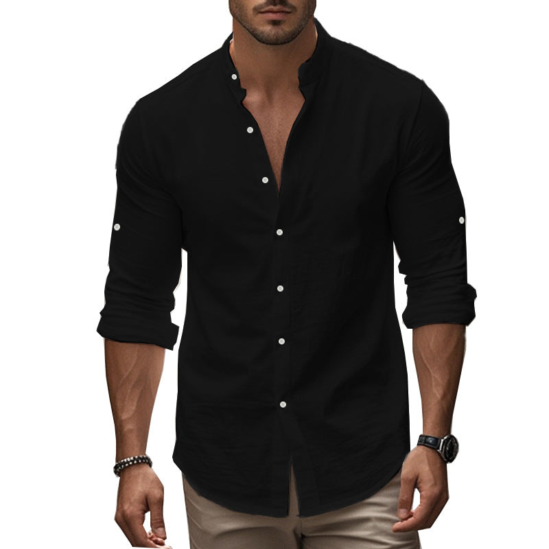 Men's Long Sleeve Standing Collar Slim Fit Casual Cotton Shirt - kinko