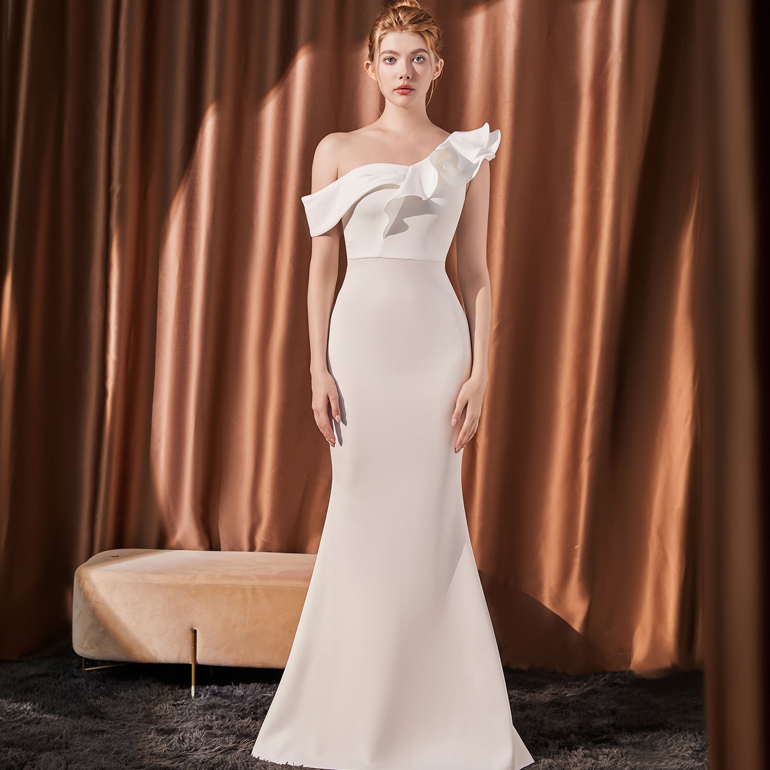 High-end Slant Shoulder Slimming Long Dress - kinko
